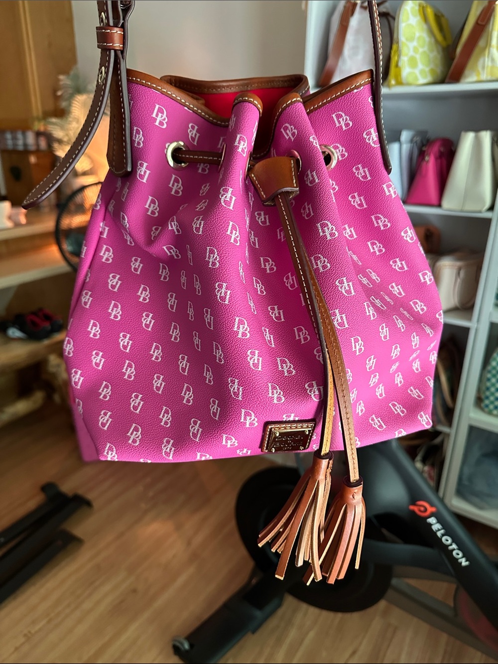 Dooney & Bourke Hot Pink Logo Drawstring Hobo with Tan Trim
